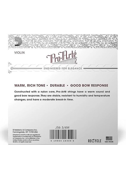 D'addario J56-3/4M Pro Arte Keman Tel Seti Perlon/alüminyum 3/4 Medium modelleri