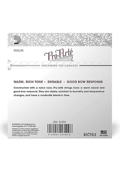 D'addario J56-3/4M Pro Arte Keman Tel Seti Perlon/alüminyum 3/4 Medium