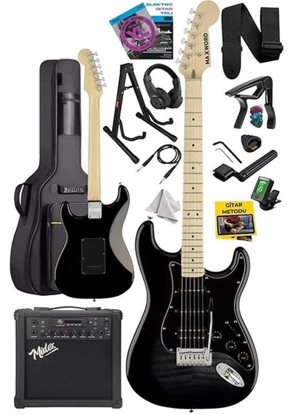 MAP-45BK-25AMP 25W Şarjlı Bt Amfili Siyah Elektro Gitar Seti Hss Manyetik Maple Klavye Strat fiyatları