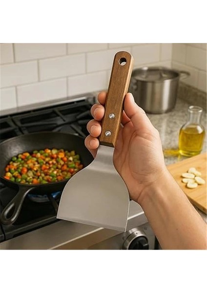 ® Ahşap Saplı Paslanmaz Çelik Spatula – 24CM Eğilimli Çok Amaçlı Mutfak Spatulası | Izgara