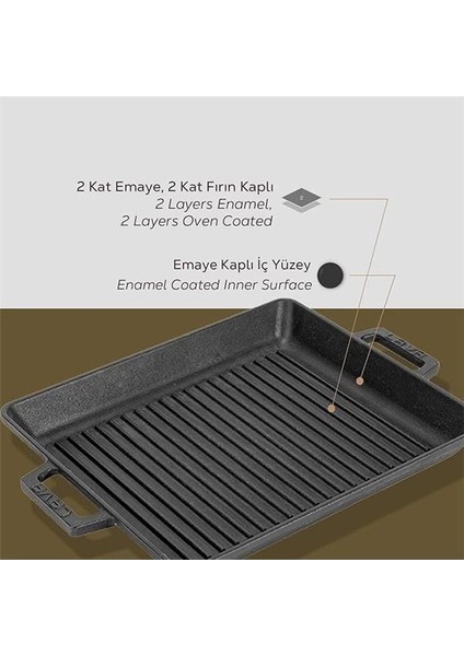 Metal Kulplu Döküm Izgara Tava, 26X32 Cm, Siyah