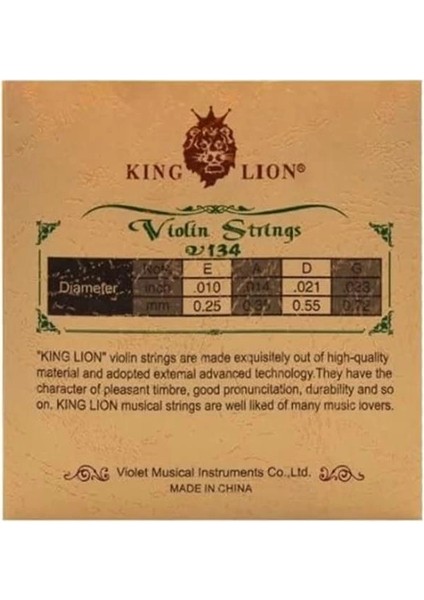 King Lion V134 Takım Keman Teli 0,25-0,72 Nikel Alaşımlı Çelik Çekirdekli indirimleri