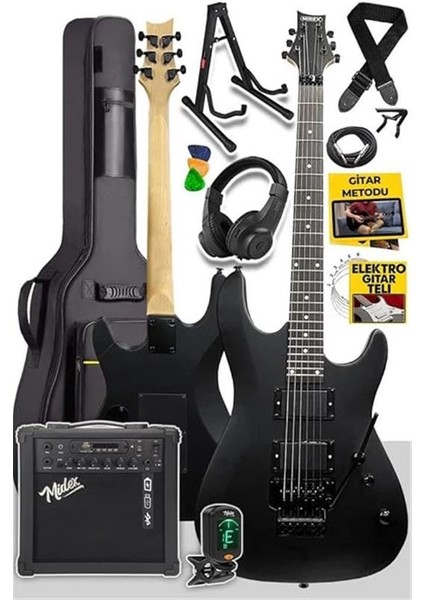 GRX-300-25-AMP Profesyonel Elektro Gitar Seti 25 Watt Gainli Şarjlı Bluetooth'lu Amfi ve Full