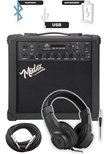 GRX-300-25-AMP Profesyonel Elektro Gitar Seti 25 Watt Gainli Şarjlı Bluetooth'lu Amfi ve Full modelleri