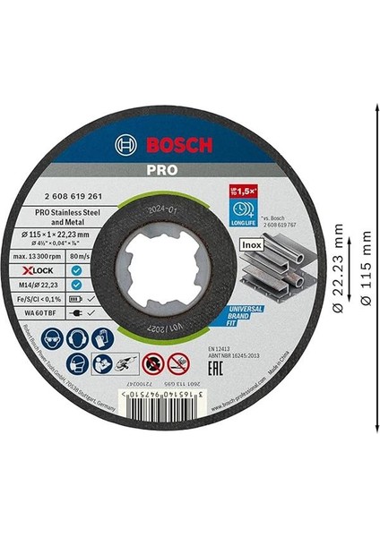 Professional 10 Adet Düz Kesme Diski Standart (Inox, X-Lock, Ø115 Mm, Delik Çapı: 22,23 mm modelleri