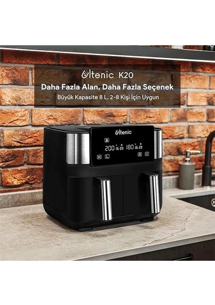 K20 Airfryer, Çift Bölmeli Fritöz, 8 Litre Xxl, 2850 W, Siyah fırsatları