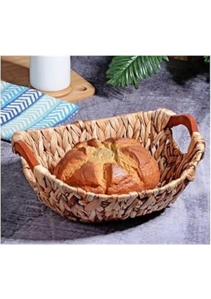 Wicker Serisi Bezli Oval Ahşap Kulplu Hasır Ekmek Sepeti