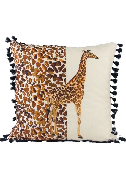 Safari Serisi Giraffe Glance Püsküllü Kırlent Kılıfı 42X42 cm | Zürafa Desenli Dekoratif Yastık