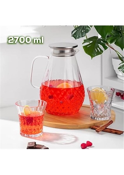 20-0097 Borosilikat Cam Sürahi Metal Kapaklı Cam Karaf - Detoks Sürahi 2000 ml indirimleri