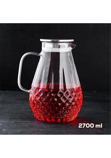 20-0097 Borosilikat Cam Sürahi Metal Kapaklı Cam Karaf - Detoks Sürahi 2000 ml