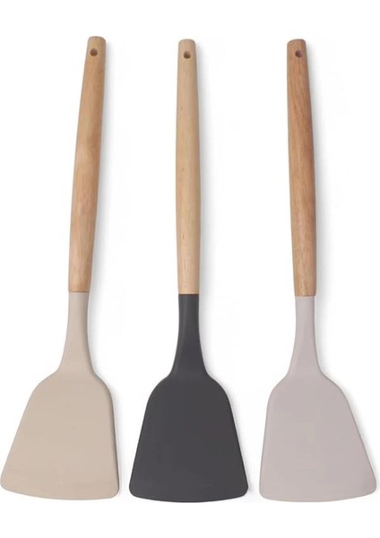 Bambu Saplı Silikon Geniş Spatula, Bambu Uzun Silikon Geniş Spatula 27CM 3 Renk Seçenekli modelleri
