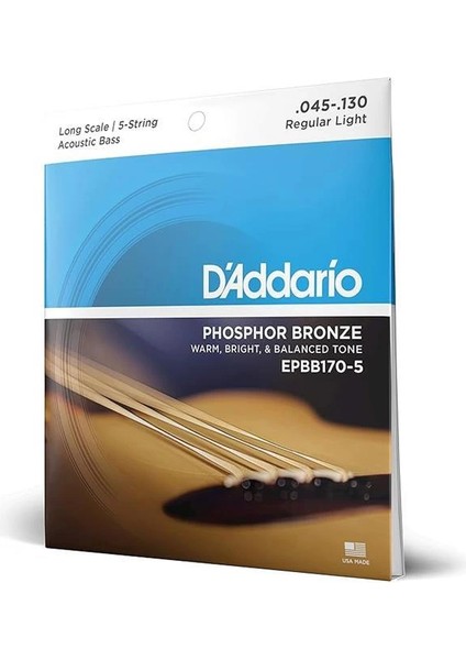 D'addario EPBB170-5 Akustik Bas Gitar Tel Seti, Long Scale, 45-130, Ph