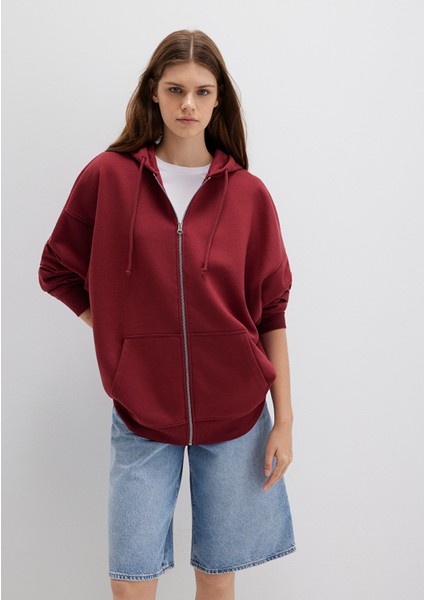 Kapüşonlu Fermuarlı Bordo Sweatshirt 1610221-85493