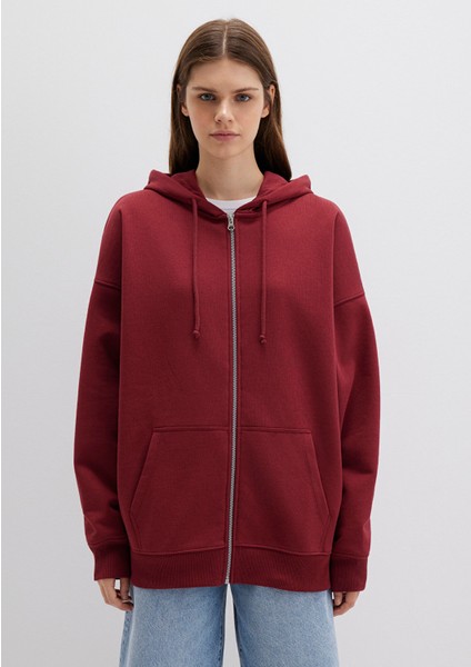Kapüşonlu Fermuarlı Bordo Sweatshirt 1610221-85493
