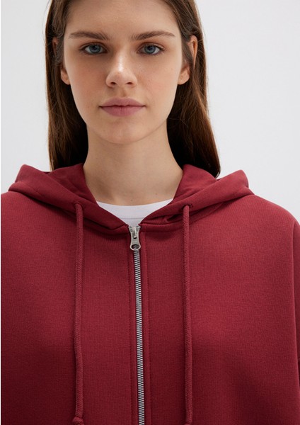 Kapüşonlu Fermuarlı Bordo Sweatshirt 1610221-85493