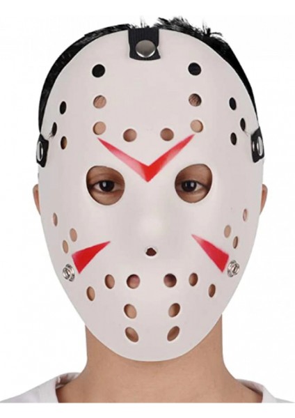 Beyaz Renk Kırmızı Çizgili Tam Yüz Hokey Jason Maskesi Hannibal Maskesi
