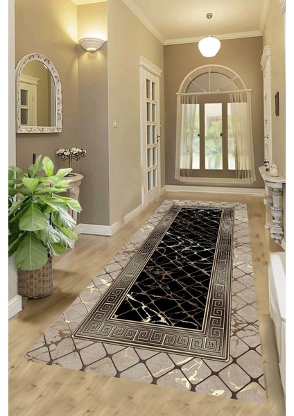 Yıkanabilir, Kaymaz, Dekoratif, Salon ve Mutfak Için Şık Halı, Siyah Renkli Yolluk