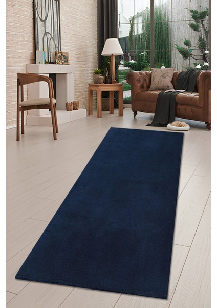 Lacivert Yumuşak Dokulu Tüylü Makinede Yıkanabilir Kaymaz Taban Peluş Halı