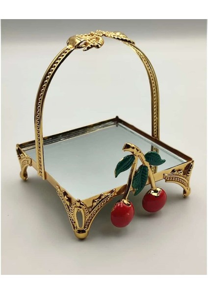 Kiraz Desenli Gold Kaplama Aynalı Mini Sunum Tepsisi 2 Adet