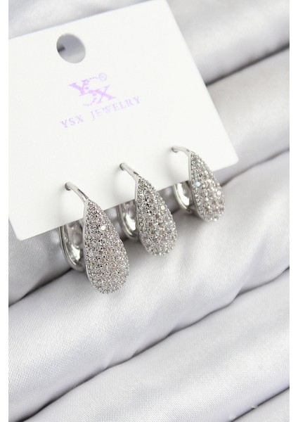 Pirinç Zirkon Taşlı 3'lü Damla Model Gümüş Renk Kadın Küpe - TJ-BKP11125