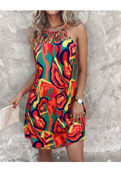 Kadın Omuzlardan Açık Çapraz Şerit Detaylı Desenli Süprem Elbise