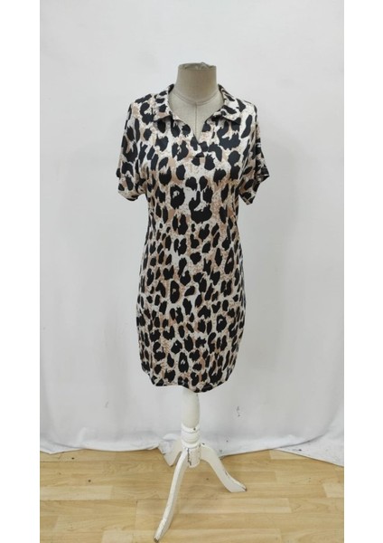 Kadın Kısa Kollu Yakalı Leopar Desenli Süprem Elbise