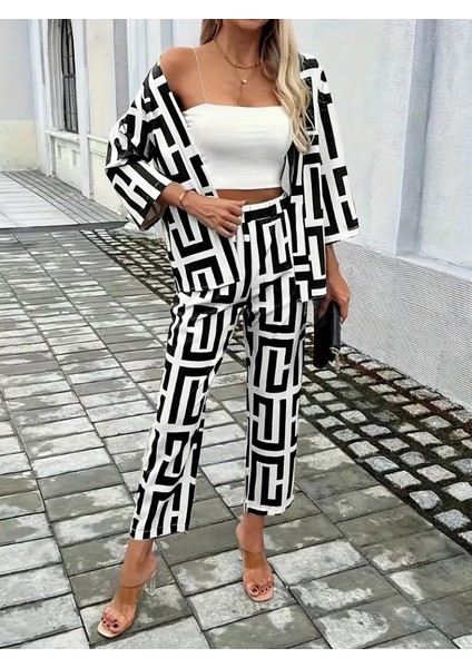 Kadın Uzun Kollu Önü Açık Desenli Iki Iplik Ceket ve Pantolon Ikili Takım