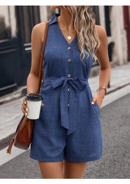 Kadın Sıfır Kollu Yakalı Düğmeli Belden Kuşaklı Kısa Keten Tulum