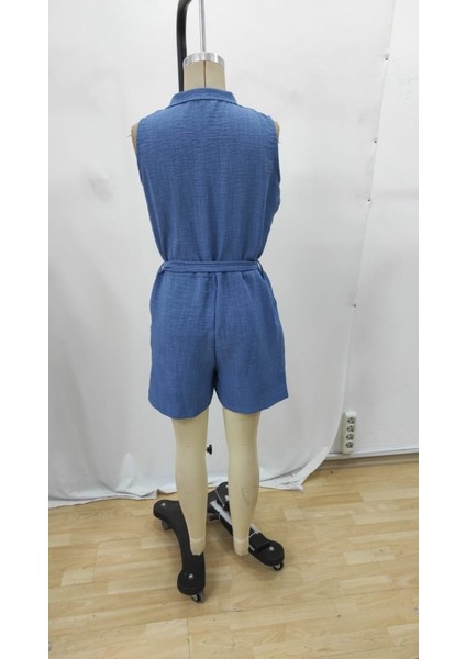 Kadın Sıfır Kollu Yakalı Düğmeli Belden Kuşaklı Kısa Keten Tulum