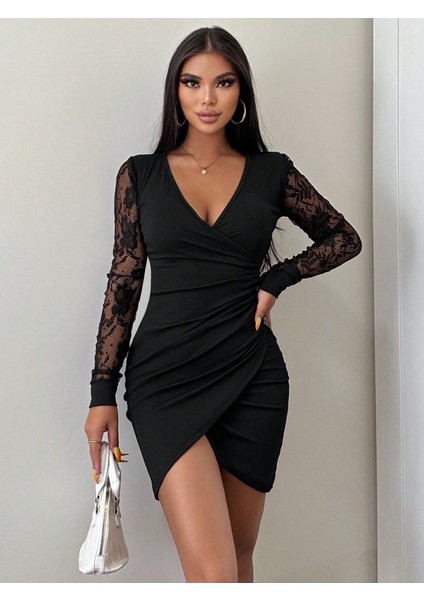 Kadın Uzun Kollu Kruvaze Yaka Beli Düğme Detay Krep Elbise