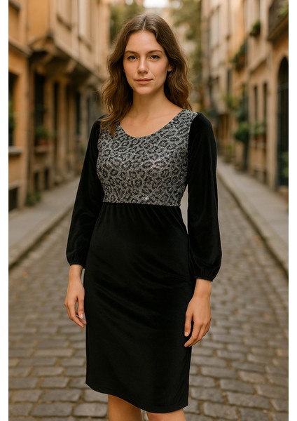 Kadın Fırsat Ürünü Leopar Desen Pul Payet Işlemeli Midi Boy Kadife Kumaş Elbise