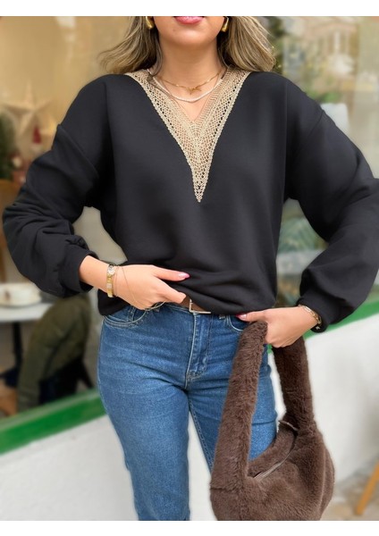 Kadın Uzun Kollu V Dantel Yaka Şardonsuz Üç Iplik Bluz
