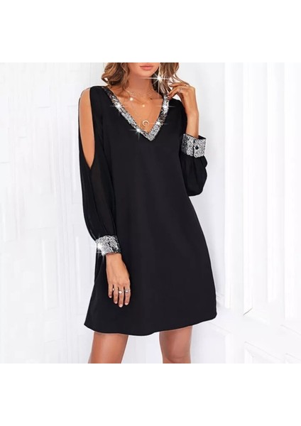 Kadın Uzun Kollu V Yaka Kollar Tül Yırtmaç Detay Kol Manşetleri ve Yaka Payet Krep Elbise