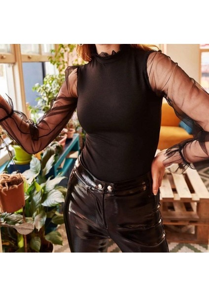 Kadın Kolları Tül Detaylı Örme Krep Kumaş Bluz