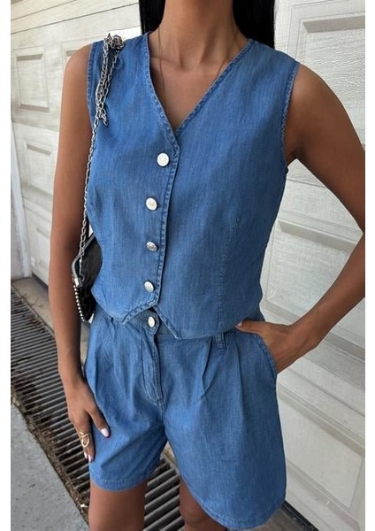 Gümüş Düğmeli Yelek ve Şort Tensel Takım 10174