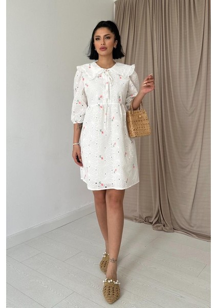 Pembe Bebe Yakalı Brode Elbise