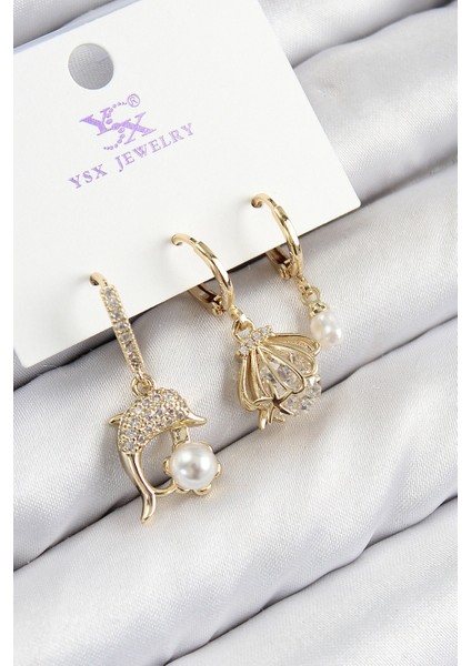 Pirinç Zirkon Taşlı 3'lü Yunus Balığı ve Istiridye Model Gold Renk Kadın Küpe - TJ-BKP11139