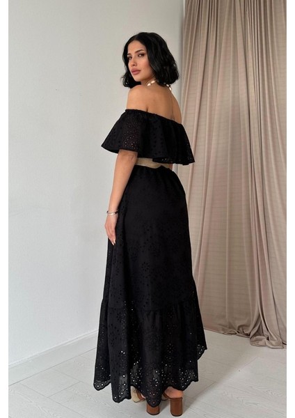 Siyah Omzu Lastikli Brode Elbise fırsatları