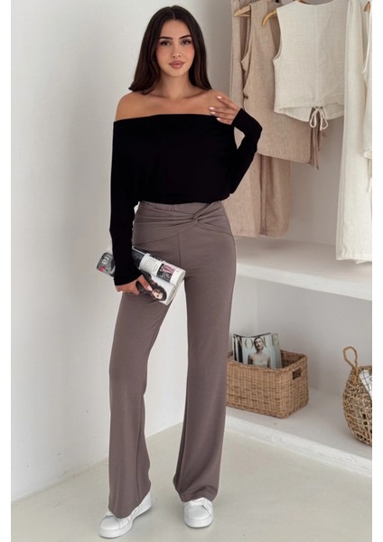 Bel Detaylı Geniş Paça Modal Pantolon