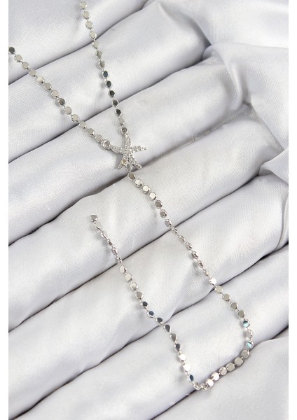 Pirinç Zirkon Taşlı Ezme Zincirli Deniz Yıldızı Model Gümüş Renk Y Kolye - TJ-BKO10466