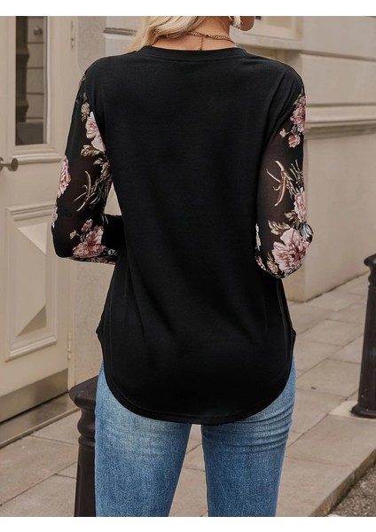 Kadın Uzun Kollu Bisiklet Yakalı Kolun Çiçek Desenli Viskon Iki Iplik Bluz fırsatları