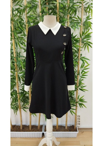 Kadın Uzun Kollu Yakalı A Kesim Kısa Ithal Krep Elbise