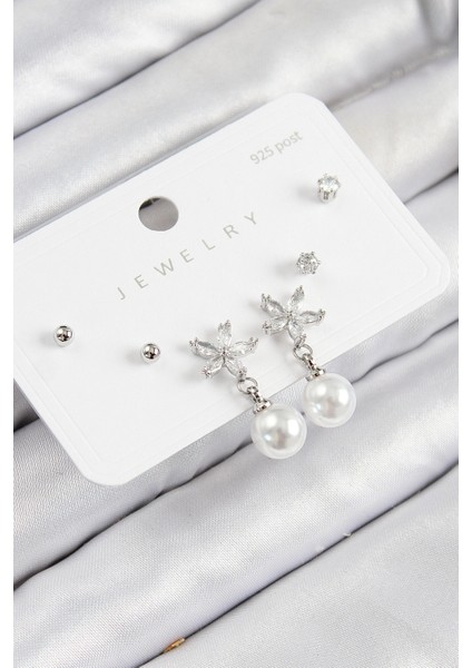 Pirinç Zirkon Taşlı Inci Sallantılı Çiçek Model Gümüş Renk 925 Ayar Gümüş Çivi Kadın Küpe Set - TJ-BKP11175