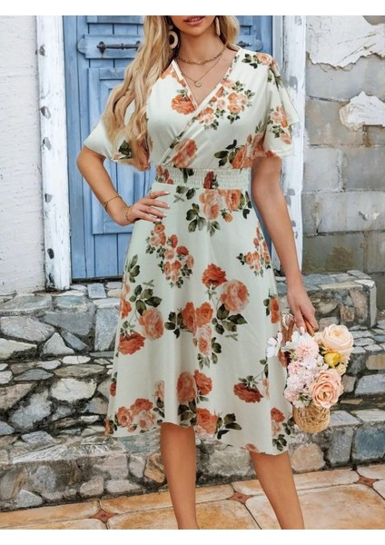 Kadın Kısa Kollu Kruvaze Yakalı Desenli Süprem Kısa Elbise modelleri