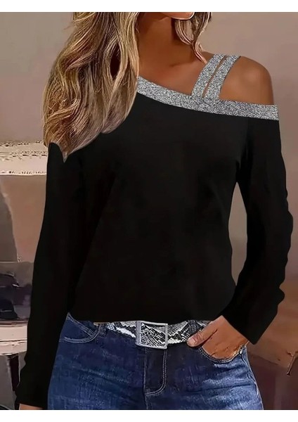 Kadın Uzun Kollu Omuzdan Askılı Sim Detaylı Viskon Iki Iplik Bluz modelleri