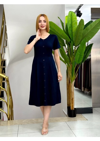 Kadın Kısa Kollu V Yakalı Önden Düğmeli A Kesim Dokuma Elbise modelleri