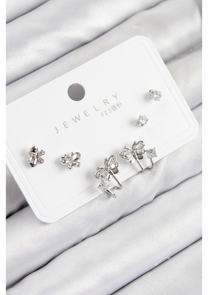 Pirinç Zirkon Taşlı Kelebek Model Gümüş Renk 925 Ayar Gümüş Çivi Kadın Küpe Set - TJ-BKP11163