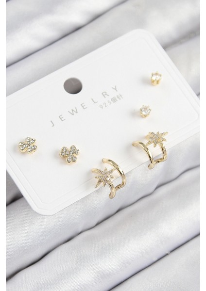 Pirinç Zirkon Taşlı Kutup Yıldızı Model Gold Renk 925 Ayar Gümüş Çivi Kadın Küpe Set - TJ-BKP11168