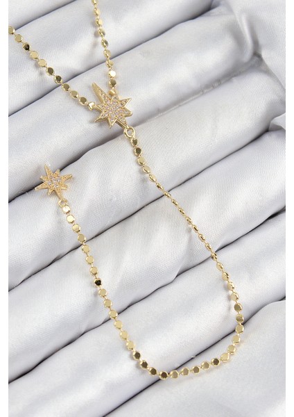 Pirinç Zirkon Taşlı Ezme Zincirli Kutup Yıldızı Model Gold Renk Y Kolye - TJ-BKO10463