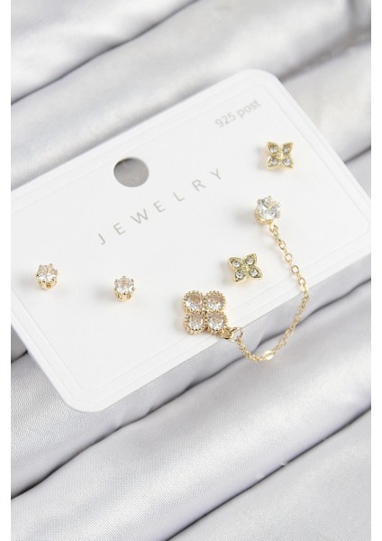 Pirinç Zirkon Taşlı Yonca Model Gold Renk 925 Ayar Gümüş Çivi Kadın Küpe Set - TJ-BKP11158